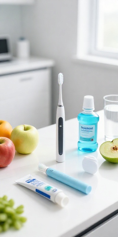 Daily oral hygiene essentials including electric toothbrush, dental floss, fluoride toothpaste, mouthwash, and crunchy vegetables on a clean countertop — illustration of oral hygiene tips by The Crown Dental Kanpur